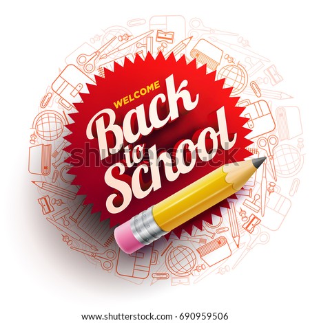 Vector design template for Back to school. school supplies icons, sharp wooden pencil and 3d Welcome Back to School text. Vector design template for Back to school. school supplies icons, sharp wooden pencil and 3d Welcome Back to School text.