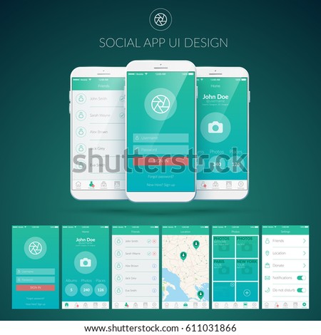 User interface design concept with different screens buttons and web elements for mobile social applications vector illustration User interface design concept with different screens buttons and web elements for mobile social applications vector illustration