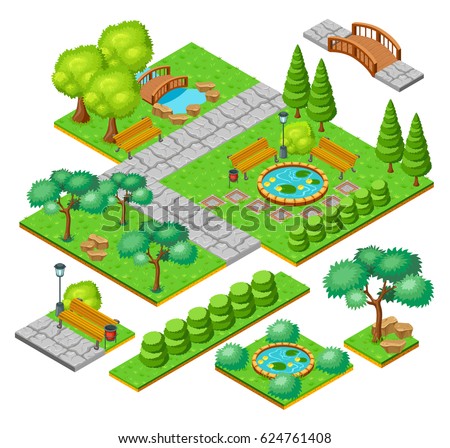 Isometric City Park Landscape Elements Set Stock Vector