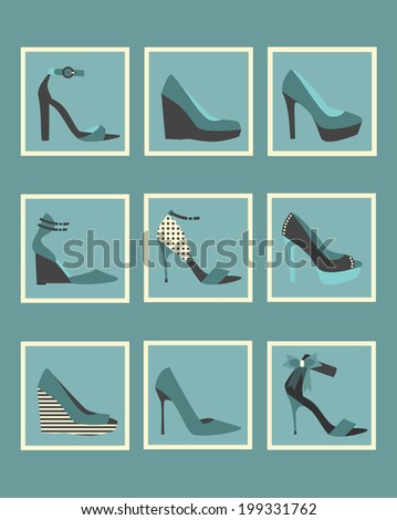 Unique women shoes square icons set- Cute and different high heels in