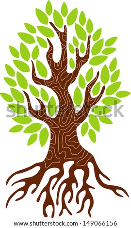 Abstract Green Tree Single Leaves Roots Stock Vector 72640360