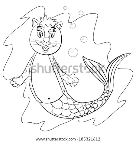 Fanciful mythological creature - cat in the form of sea mermaid. Coloring book. - stock vector