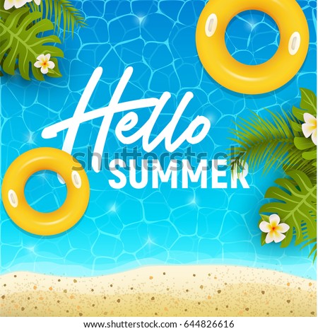 Hello summer web banner background. Sea or pool with sand and palm. Hello Summer Holiday party beach template backdrop. Vector illustration. Hello summer web banner background. Sea or pool with sand and palm. Hello Summer Holiday party beach template backdrop. Vector illustration.