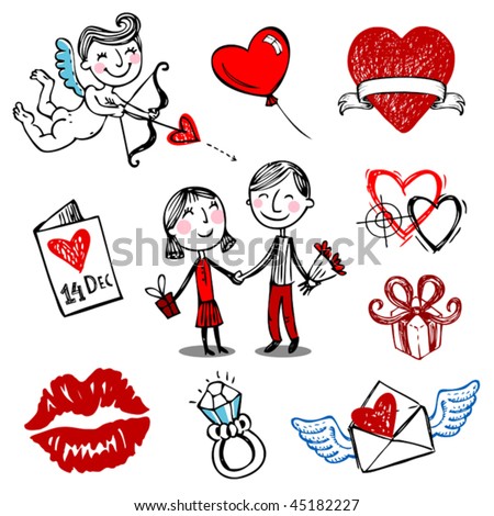 ... nine Valentine vector illustrations, hand drawn style. - stock vector