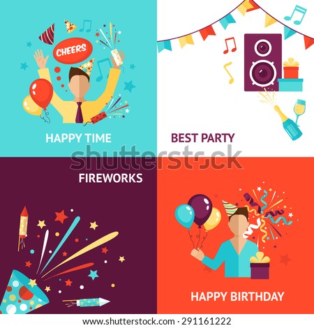 Party design concept set with birthday fireworks flat icons isolated vector illustration - stock vector Party design concept set with birthday fireworks flat icons isolated vector illustration - stock vector
