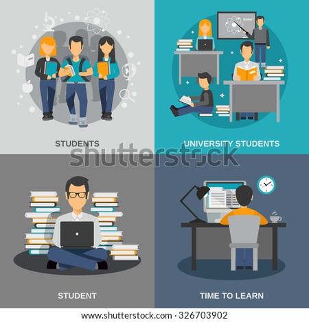 Student design concept set with flat university studying icons isolated vector illustration - stock vector Student design concept set with flat university studying icons isolated vector illustration - stock vector