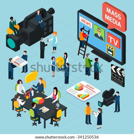 Mass media isometric design concept set with journalists preparing news materials operators working with camera and interviewer vector illustration - stock vector Mass media isometric design concept set with journalists preparing news materials operators working with camera and interviewer vector illustration - stock vector