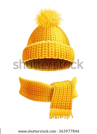 Modern winter knitted beanie hat with pompon and scarf set in yellow golden realistic pictogram vector illustration - stock vector Modern winter knitted beanie hat with pompon and scarf set in yellow golden realistic pictogram vector illustration - stock vector