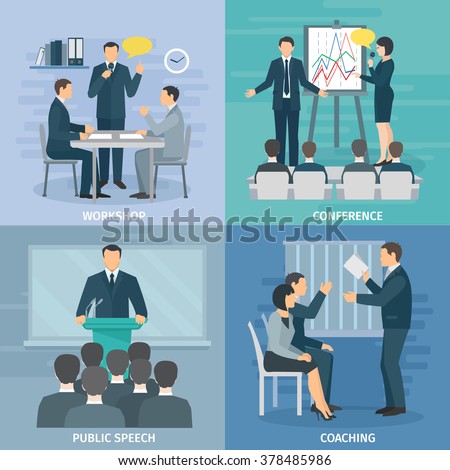 Public speaking skills coaching workshop presentation and conference 4 flat icons composition square abstract isolated illustration vector - stock vector Public speaking skills coaching workshop presentation and conference 4 flat icons composition square abstract isolated illustration vector - stock vector