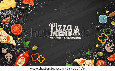 Pizza menu chalkboard cartoon background with fresh ingredients vector illustration - stock vector Pizza menu chalkboard cartoon background with fresh ingredients vector illustration - stock vector