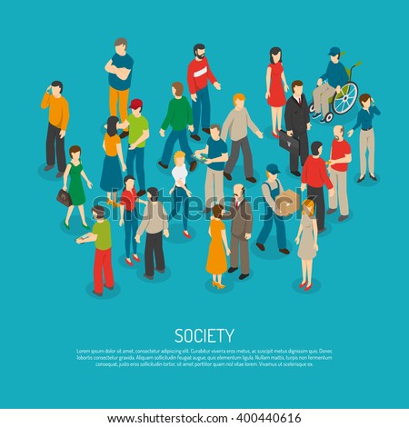Isometric people poster with mix of different men and women in crowd on blue background vector illustration - stock vector Isometric people poster with mix of different men and women in crowd on blue background vector illustration - stock vector