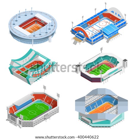 Sport stadium isometric icons set with football and hockey stadiums isolated vector illustration - stock vector Sport stadium isometric icons set with football and hockey stadiums isolated vector illustration - stock vector