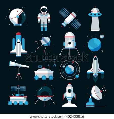 Spacecrafts flat icons set with cosmonaut space suit and equipment with black background poster abstract vector illustration - stock vector Spacecrafts flat icons set with cosmonaut space suit and equipment with black background poster abstract vector illustration - stock vector