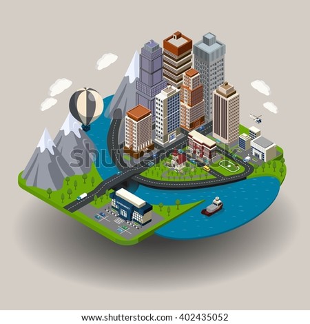 Isometric city icon with buildings street skyscrapers and other ordinary elements like school church clinic vector illustration - stock vector Isometric city icon with buildings street skyscrapers and other ordinary elements like school church clinic vector illustration - stock vector