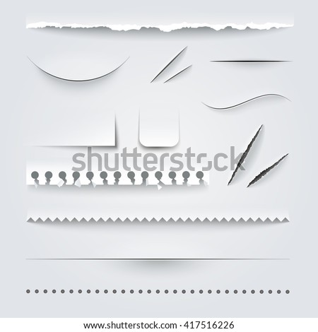 White paper perforated ripped torn jagged cut edges texture samples set realistic shadows vector illustration - stock vector White paper perforated ripped torn jagged cut edges texture samples set realistic shadows vector illustration - stock vector