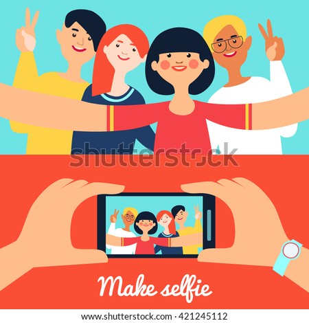 Selfie photo of friends banners with young happy people and portrait on phone screen isolated vector illustration - stock vector Selfie photo of friends banners with young happy people and portrait on phone screen isolated vector illustration - stock vector