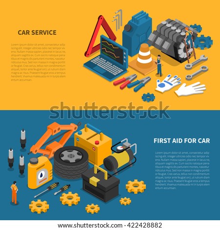 Tools isometric banner set with various kits of instruments used in car service vector illustration - stock vector Tools isometric banner set with various kits of instruments used in car service vector illustration - stock vector