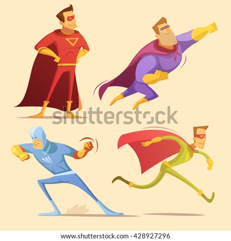 Superhero cartoon icons set with superman on yellow background isolated vector illustration - stock vector Superhero cartoon icons set with superman on yellow background isolated vector illustration - stock vector