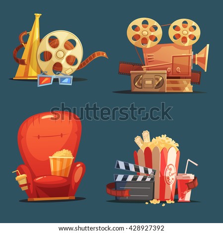 Cinema symbols 4 retro style icons composition with clapboard camera and movie theater seat cartoon isolated illustration - stock vector Cinema symbols 4 retro style icons composition with clapboard camera and movie theater seat cartoon isolated illustration - stock vector