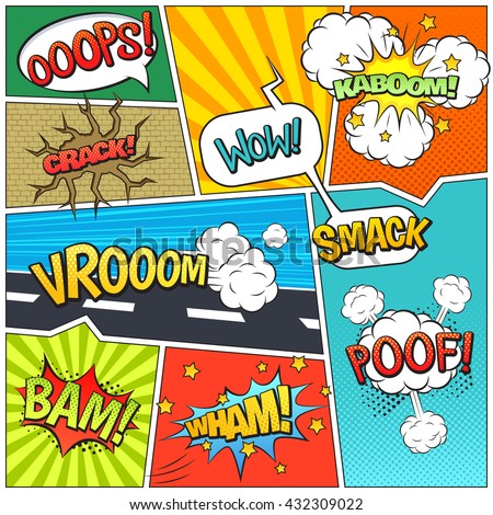 Classic comics book page sample with speech exclamations wow oops bam bubbles patterns composition abstract vector illustration - stock vector Classic comics book page sample with speech exclamations wow oops bam bubbles patterns composition abstract vector illustration - stock vector