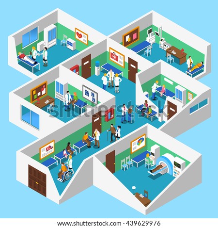 Hospital ground floor interior isometric design with mri facility patients nurses and doctor assistants abstract vector illustration - stock vector Hospital ground floor interior isometric design with mri facility patients nurses and doctor assistants abstract vector illustration - stock vector