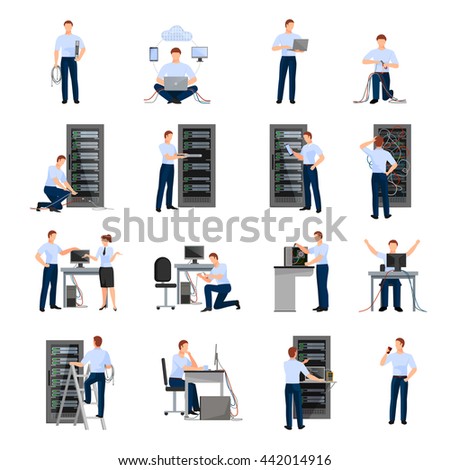 System administrator flat icons set of server racks and network engineers involved in maintenance of system modules isolated vector illustration - stock vector System administrator flat icons set of server racks and network engineers involved in maintenance of system modules isolated vector illustration - stock vector