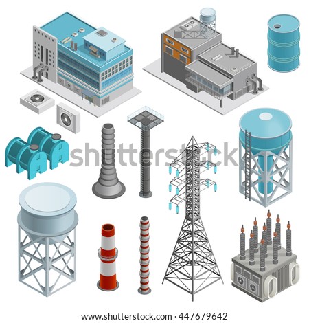 Industrial buildings isometric icons set with elements of power station boiler plant and power line supports vector illustration - stock vector Industrial buildings isometric icons set with elements of power station boiler plant and power line supports vector illustration - stock vector