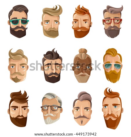 Hipster barbershop cartoon european people with beards moustaches and various stylish haircuts on white background isolated vector illustration - stock vector Hipster barbershop cartoon european people with beards moustaches and various stylish haircuts on white background isolated vector illustration - stock vector