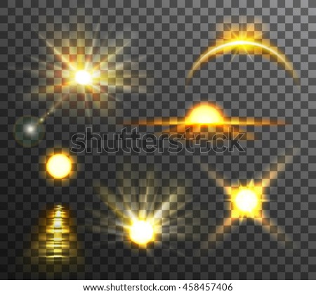 Bright yellow sunrise and sunset set on transparent plaid background flat vector illustration - stock vector Bright yellow sunrise and sunset set on transparent plaid background flat vector illustration - stock vector