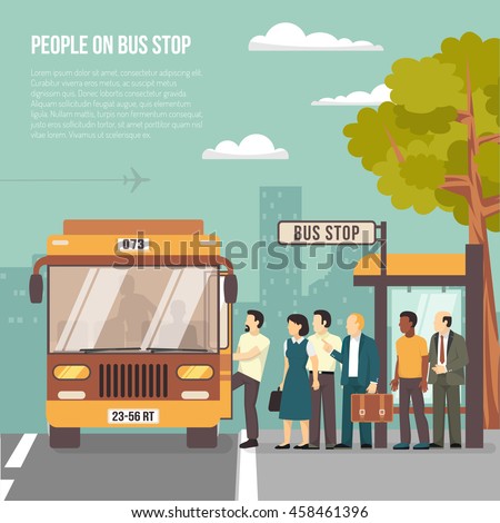 People getting on bus at shelter stop in city flat poster with information on transportation vector illustration People getting on bus at shelter stop in city flat poster with information on transportation vector illustration