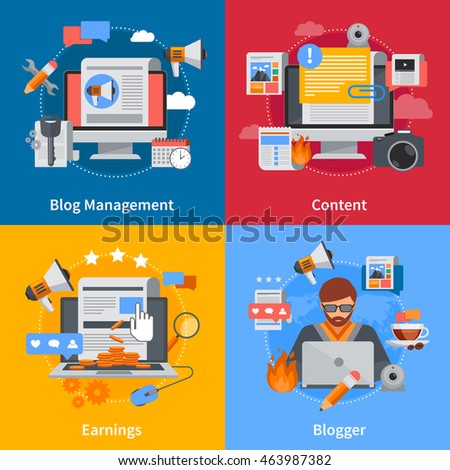 Blogging flat 2x2 icons set with blogger blog management content and earrings on colorful backgrounds isolated vector illustration - stock vector Blogging flat 2x2 icons set with blogger blog management content and earrings on colorful backgrounds isolated vector illustration - stock vector