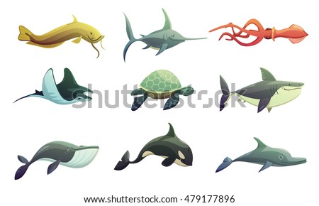 Ocean underwater animals cartoon retro characters set with stingray shark turtle swordfish and squid fish isolated vector illustration Ocean underwater animals cartoon retro characters set with stingray shark turtle swordfish and squid fish isolated vector illustration
