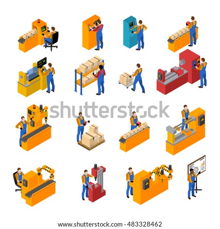 Factory workers isometric icons set with production symbols isolated vector illustration Factory workers isometric icons set with production symbols isolated vector illustration