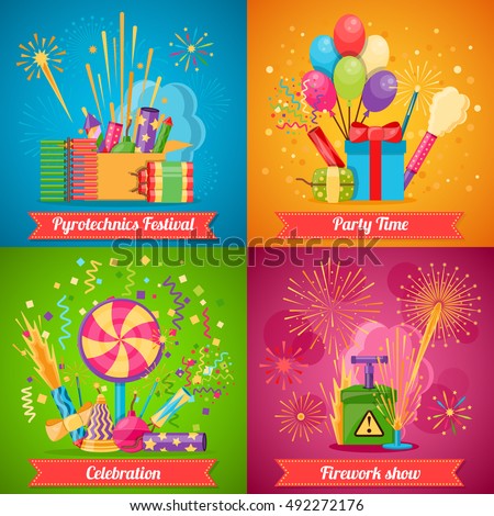 Colorful pyrotechnics festival flat 2x2 icons set with various crackers balloons and decorations for party and firework show isolated vector illustration Colorful pyrotechnics festival flat 2x2 icons set with various crackers balloons and decorations for party and firework show isolated vector illustration