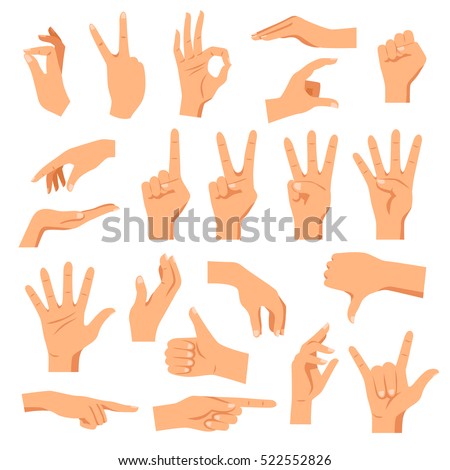 Set of hands in different gestures emotions and signs on white background isolated vector illustration Set of hands in different gestures emotions and signs on white background isolated vector illustration
