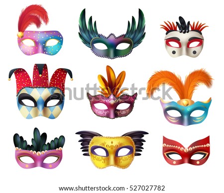 Authentic handmade venetian painted carnival face masks collection for party decoration or masquerade realistic isolated vector illustration Authentic handmade venetian painted carnival face masks collection for party decoration or masquerade realistic isolated vector illustration