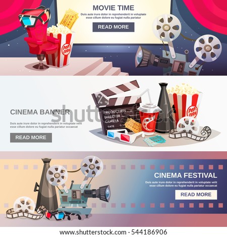 Cinematography flat horizontal banners with movie time and cinema festival design compositions in retro style vector illustration Cinematography flat horizontal banners with movie time and cinema festival design compositions in retro style vector illustration