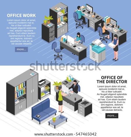 Two horizontal workplace banners set with isometric office furniture machinery editable text and read more button vector illustration Two horizontal workplace banners set with isometric office furniture machinery editable text and read more button vector illustration