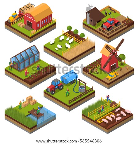 Agricultural compositions isometric set with farm buildings and vehicles livestock and fishing cultivated lands isolated vector illustration Agricultural compositions isometric set with farm buildings and vehicles livestock and fishing cultivated lands isolated vector illustration