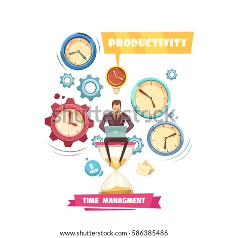 Time management retro cartoon concept with productivity of man sitting on hourglass on white background vector illustration Time management retro cartoon concept with productivity of man sitting on hourglass on white background vector illustration