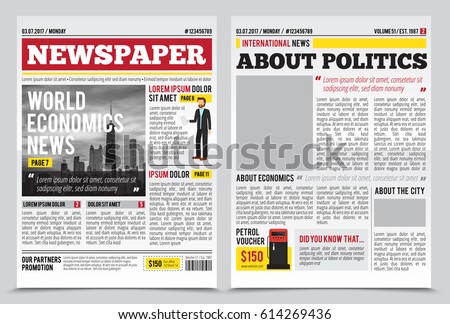 Daily newspaper journal design template with two-page opening editable headlines quotes text articles and images vector illustration Daily newspaper journal design template with two-page opening editable headlines quotes text articles and images vector illustration