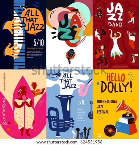 Colorful jazz festival musicians singers and musical instruments poster set flat isolated vector illustration Colorful jazz festival musicians singers and musical instruments poster set flat isolated vector illustration
