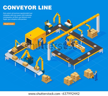 Conveyor line isometric concept with technology symbols on blue background vector illustration Conveyor line isometric concept with technology symbols on blue background vector illustration