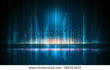 Vector abstract futuristic, energy technology and cityscape concept. Image of arrow sign, light rays, stripes lines with blue light. Speed movement pattern and motion blur over dark blue background Vector abstract futuristic, energy technology and cityscape concept. Image of arrow sign, light rays, stripes lines with blue light. Speed movement pattern and motion blur over dark blue background