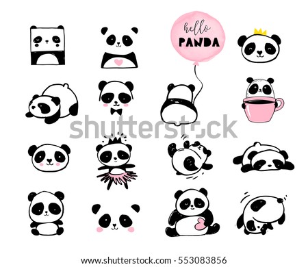 Cute Panda bear illustrations, collection of vector hand drawn elements, black and white icons Cute Panda bear illustrations, collection of vector hand drawn elements, black and white icons