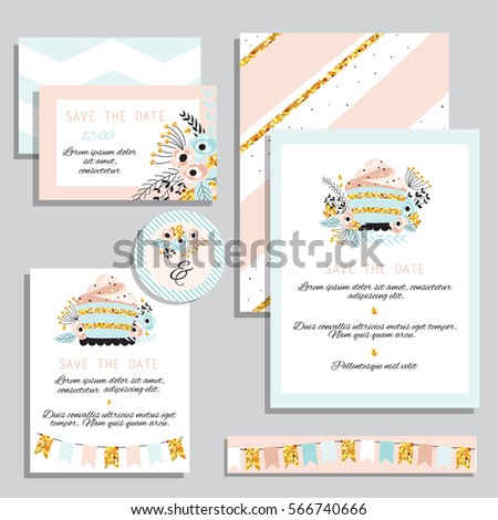 Vintage wedding invitation set design template with flowers, cake and garland. Can be used for Save The Date, mothers day, valentines day, birthday cards, invitations. Vintage wedding invitation set design template with flowers, cake and garland. Can be used for Save The Date, mothers day, valentines day, birthday cards, invitations.