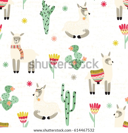 Seamless pattern with alpaca - south america's lama and cactus on a textured background. Vector illustration. Seamless pattern with alpaca - south america's lama and cactus on a textured background. Vector illustration.