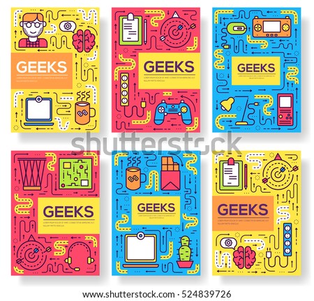 it geeks vector brochure cards thin line set. office professional developer template of flyear, magazines, posters, book cover, banners. Layout workplace technology outline illustrations modern pages it geeks vector brochure cards thin line set. office professional developer template of flyear, magazines, posters, book cover, banners. Layout workplace technology outline illustrations modern pages