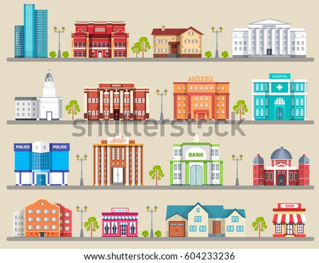 Flat colorful vector city buildings infographic Icon background concept design. Architecture construction: courthouse, home, museum, skyscraper, hospital, hotel, opera, theater. Vector urban landscape Flat colorful vector city buildings infographic Icon background concept design. Architecture construction: courthouse, home, museum, skyscraper, hospital, hotel, opera, theater. Vector urban landscape