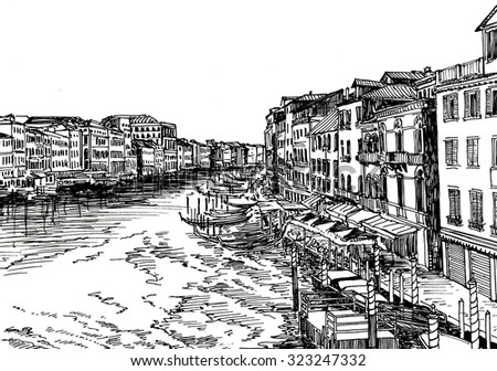 Venice canal view with boats and architecture. Black and white dashed 